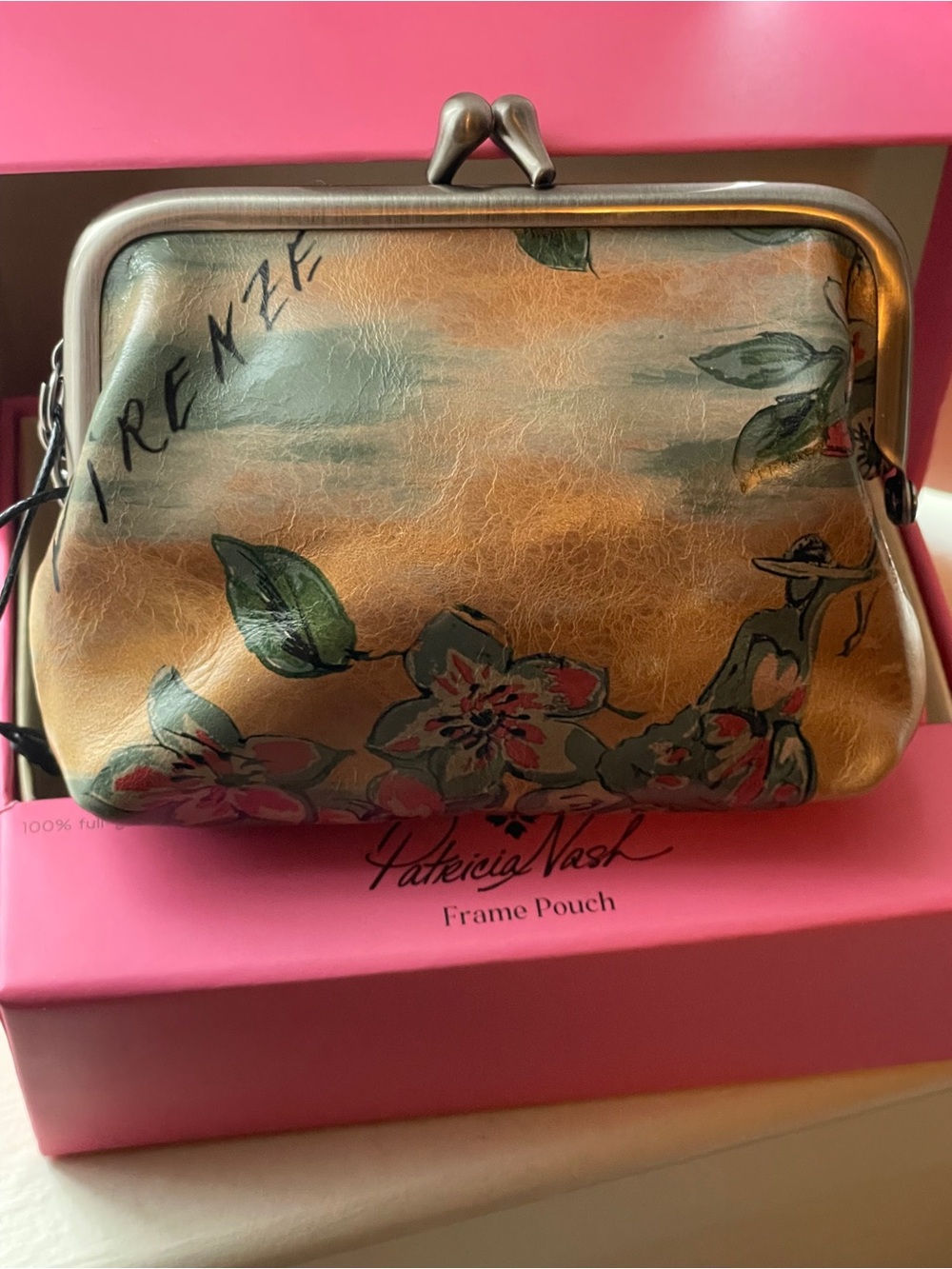 Patricia Nash Floral Leather Frame Pouch KISS Lock- Gold Green Pink NIB - Picture 4 of 8